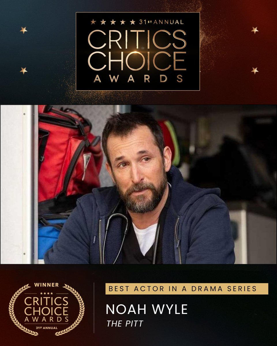 CriticsChoice's tweet photo. Congratulations to Noah Wyle, winner of the Critics Choice Award for Best Actor in a Drama Series for “The Pitt.”

#criticschoice #criticschoiceawards #ThePitt https://t.co/IyCrVJiueg