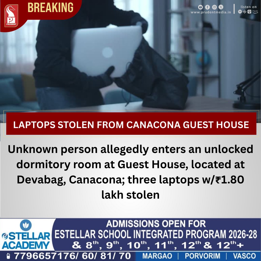 prudentgoa's tweet photo. Unknown person allegedly enters an unlocked dormitory room at Guest House, located at Devabag, Canacona; three laptops w/₹1.80 lakh stolen
#Goa #Canacona #Devabag #Theft #Crime https://t.co/CMTxZmIErt