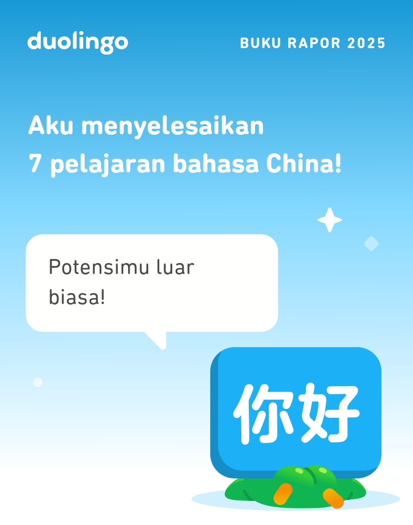 KuliPro89869350's tweet photo. Lihat berapa banyak yang kupelajari di Duolingo pada tahun 2025! Bagaimana denganmu? #Duolingo365 https://t.co/Pinp8bimgu