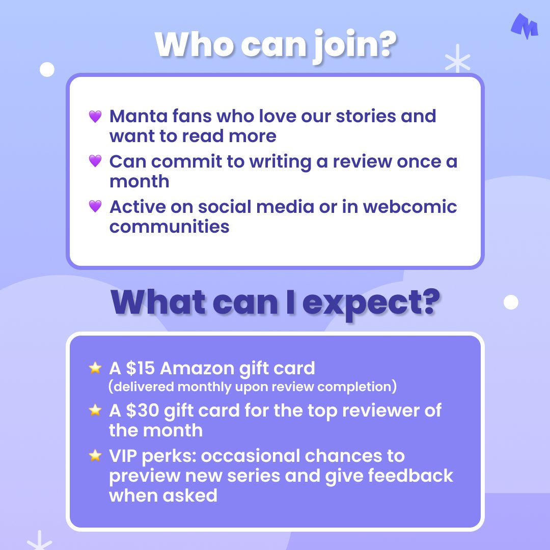 MantaComics's tweet image. 📢 We're recruiting reviewers! 

Join the Manta Reviewers Club and share your love for Manta. 💜

Please read the T&amp;amp;Cs and instructions on the Google Form before submitting!

Apply now: forms.gle/SWS1tavy2sBmGD… 

#MantaReviewersClub