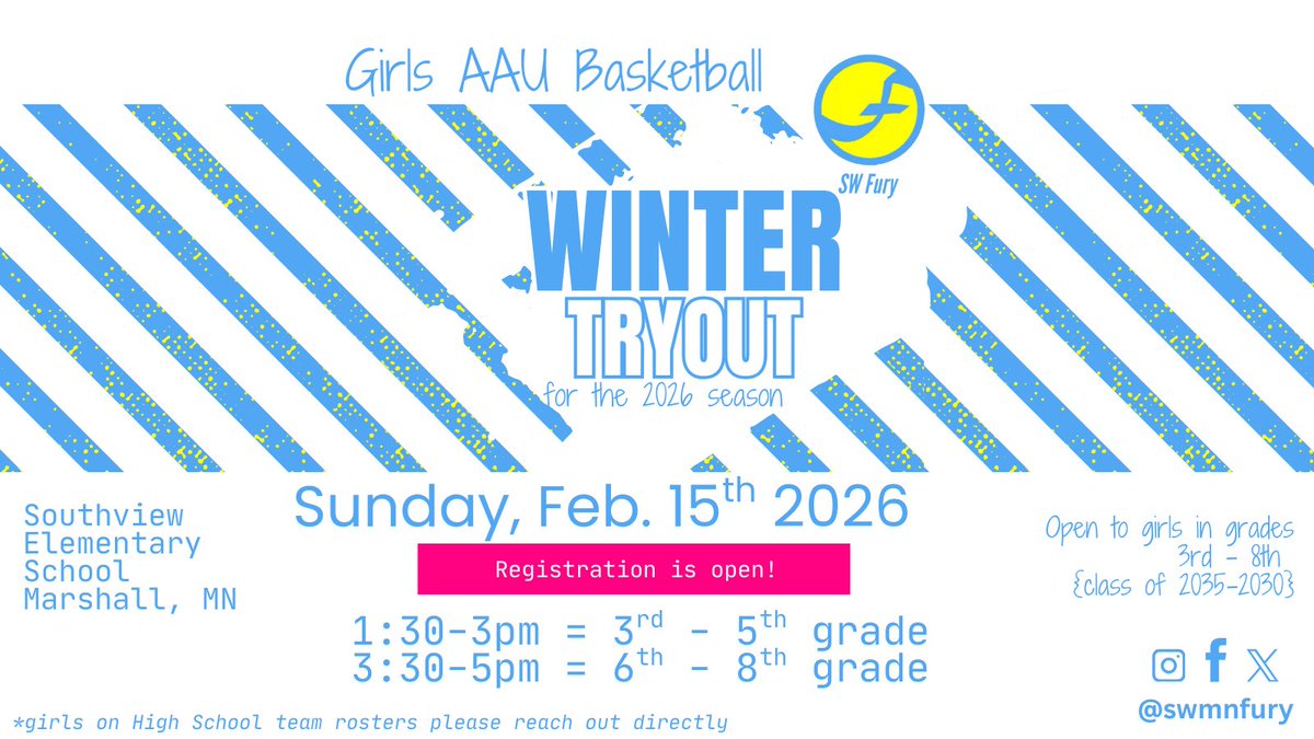 SWMNFury's tweet image. 🔜 2026 season!
🗓️ final tryout Feb. 15th
🔗 pb-site.com/p/dTJ896kM6dJ
🩵💛

#swmnfury