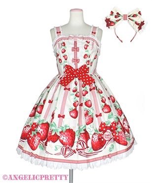 AngelicPretty　摘みたて苺JSK＋カチューシャ　シロ　ゴム延長加工 🎀2026 New Year Special Set🎀 🍓摘みたていちごジャンパースカート