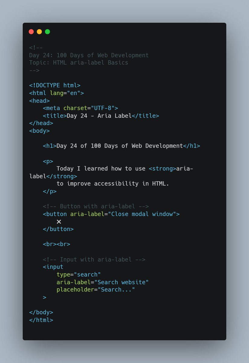 thetechgirlgita's tweet photo. Day (24/100) Web Development Learning Challenge
What I learned today:
1. How aria-label works.
GitHub repository: https://t.co/n06mOyX0ev
#100DaysOfCode #WebDevelopment #HTML #Day24
#thetechgirlgita #100daysofchallenge #recentgraduate https://t.co/Clswnhdj0C
