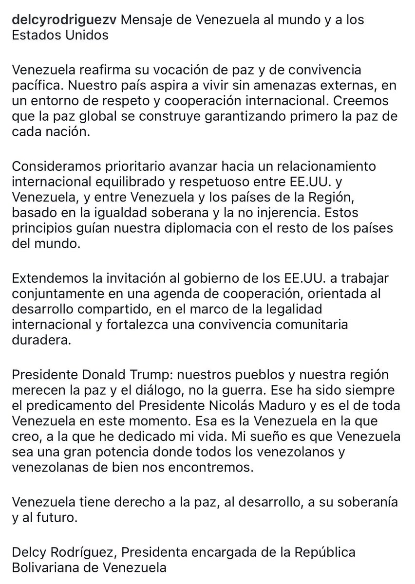Delcy Rodríguez, nueva presidenta de Venezuela: “extendemos la invitación al gobierno de los EE.UU. a trabajar conjuntamente en una agenda de cooperación”

24 hs después del bombardeo y la detención de Maduro. Casi ni se nota que estaba todo negociado de antemano.