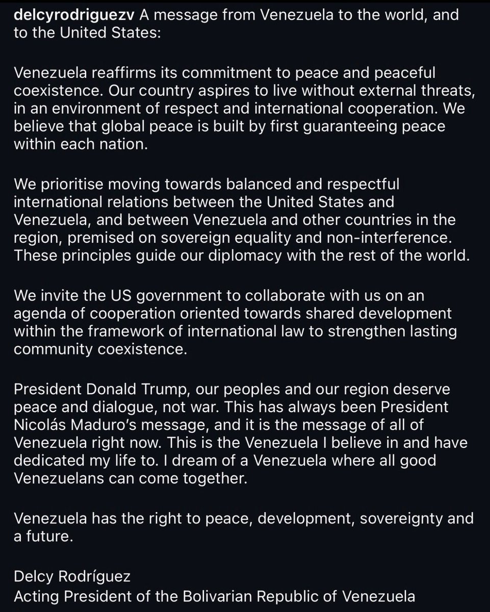 visegrad24's tweet photo. BREAKING:

The Acting President of the Venezuelan regime Delcy Rodriguez just posted this picture and the message: 

“We invite the U.S. government to work jointly on a cooperation agenda” https://t.co/NR61cDxwmM