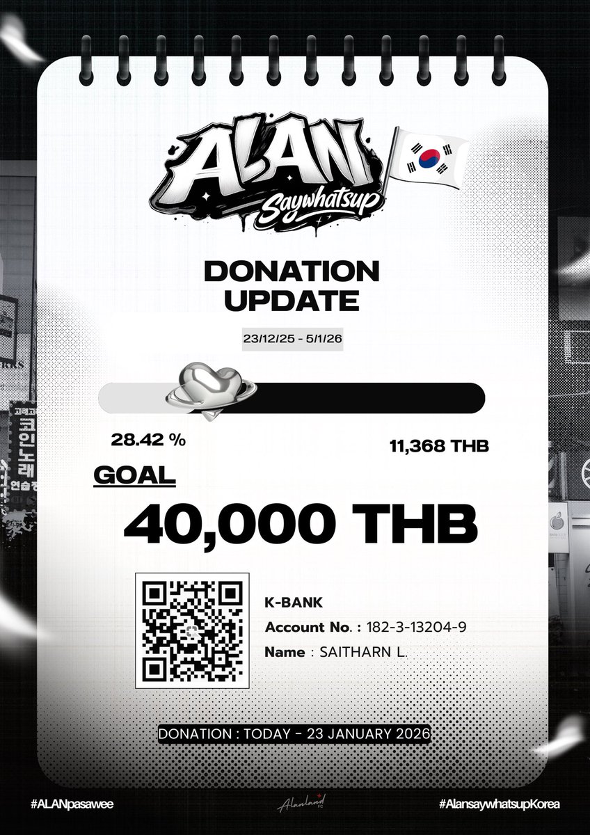 💰Donation Update
#𝘼𝙡𝙖𝙣𝙎𝙖𝙮𝙨𝙒𝙝𝙖𝙩𝙨𝙐𝙥𝙆𝙤𝙧𝙚𝙖✨

—— GOAL 40,000 THB

🗓️ 5 JAN 2026
⏰ 10 AM

➕940 THB
💫11,368 THB (28.42%)

ช่องทางการโดเนท 💸
💟 KASIKORN BANK (K-BANK)
182-3-13204-9
SAITHARN L.

🕰️ : วันนี้ -  23 JANUARY 2026

#ALANpasawee
