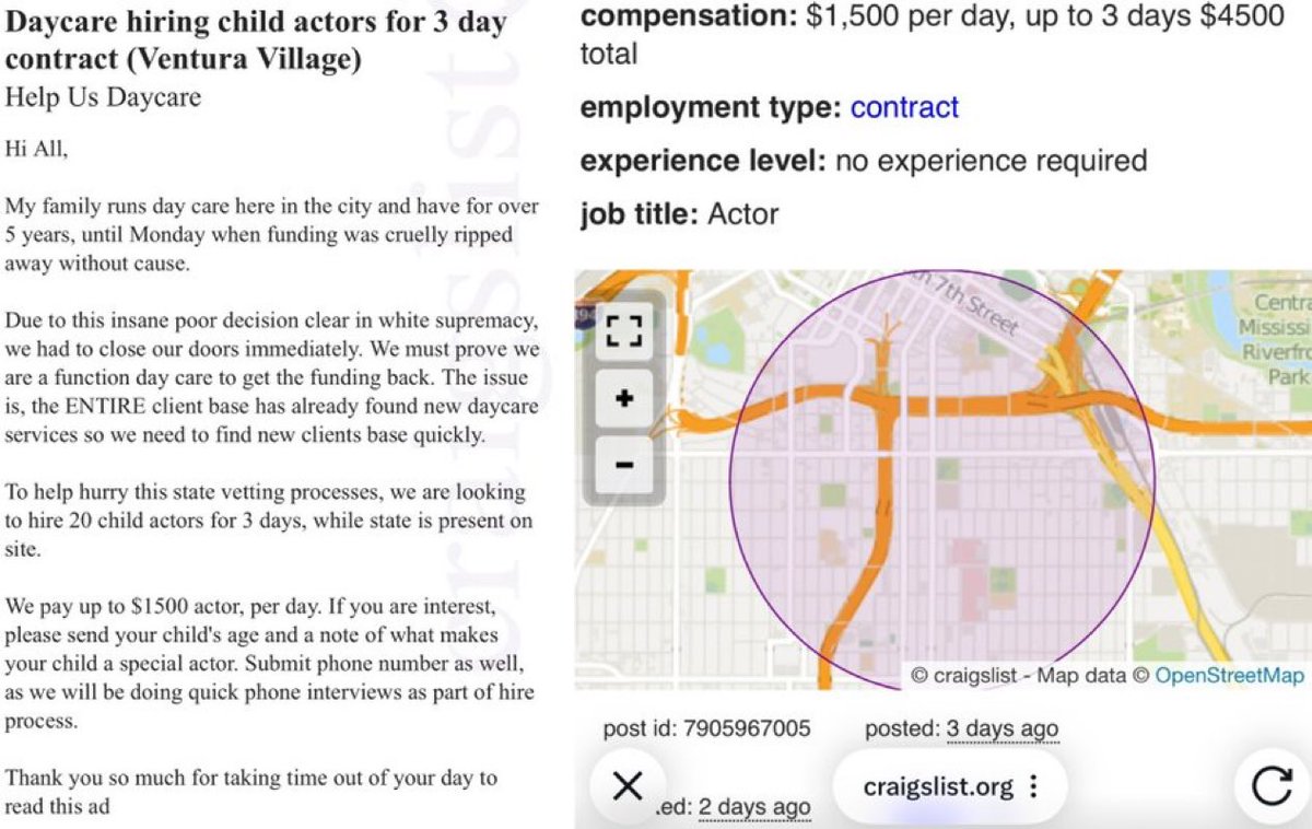 Craigslist ad seeking child actors for a daycare in Minneapolis’ Hennepin County has been discovered, with the poster requesting 20 children to act as clients while the state observes them to determine whether it is a legitimate daycare.