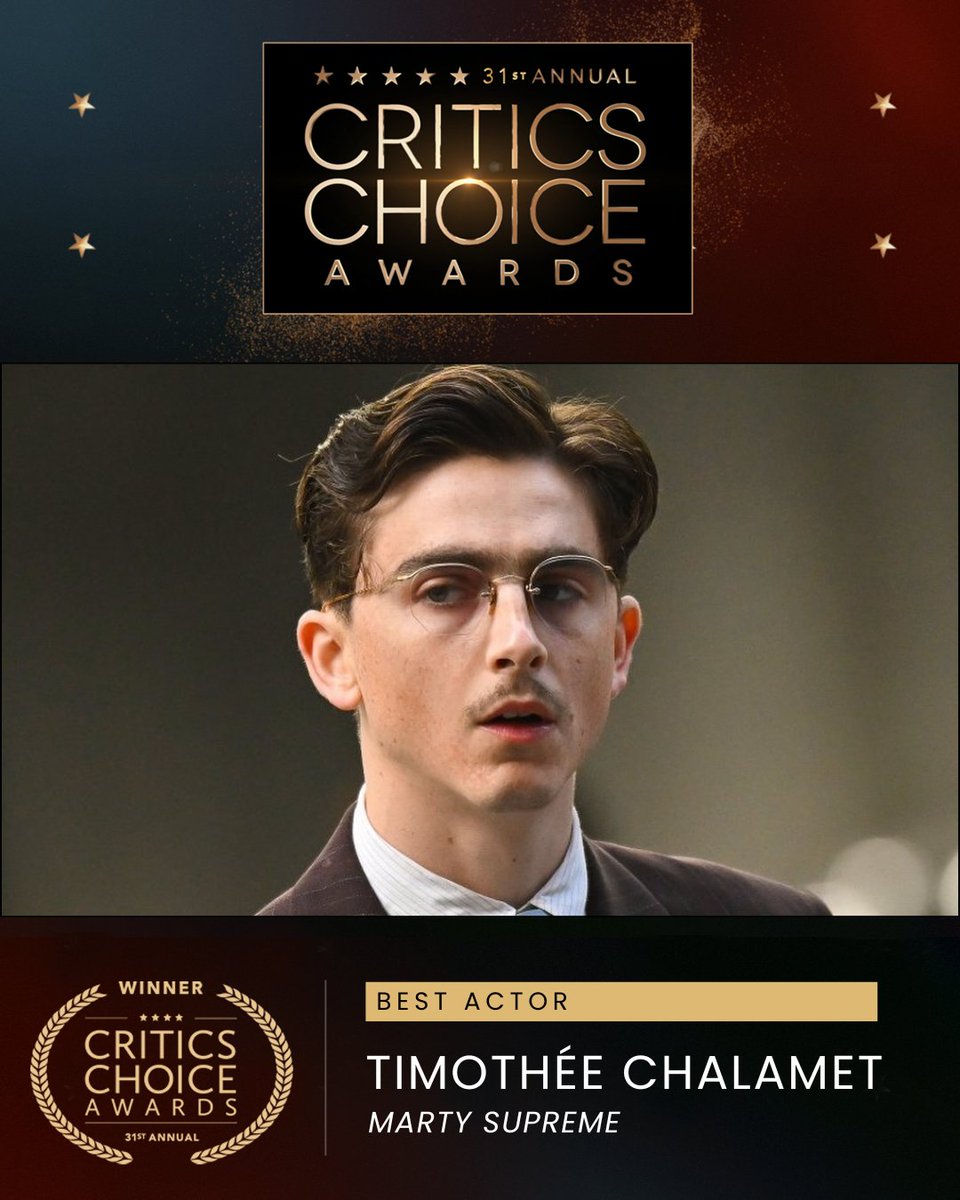 CriticsChoice's tweet image. Congratulations to Timothée Chalamet, winner of the Critics Choice Award for Best Actor for “Marty Supreme.”

#criticschoice #criticschoiceawards #MartySupreme