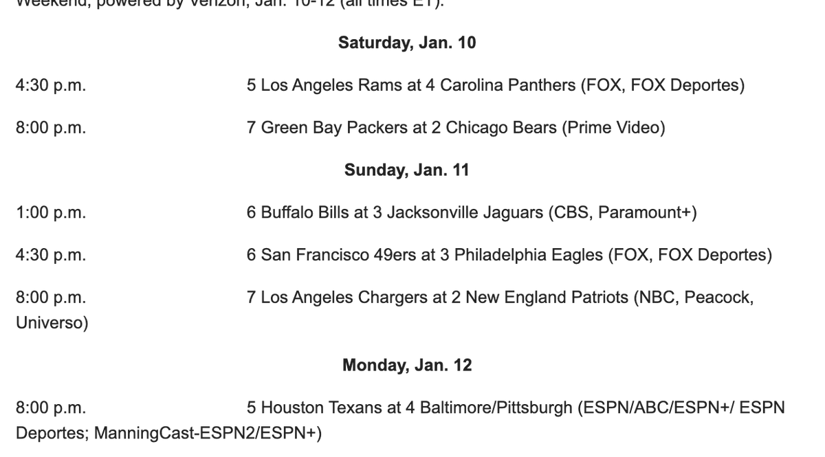 FieldYates's tweet photo. Wild Card weekend schedule: https://t.co/RFRRQecCyn