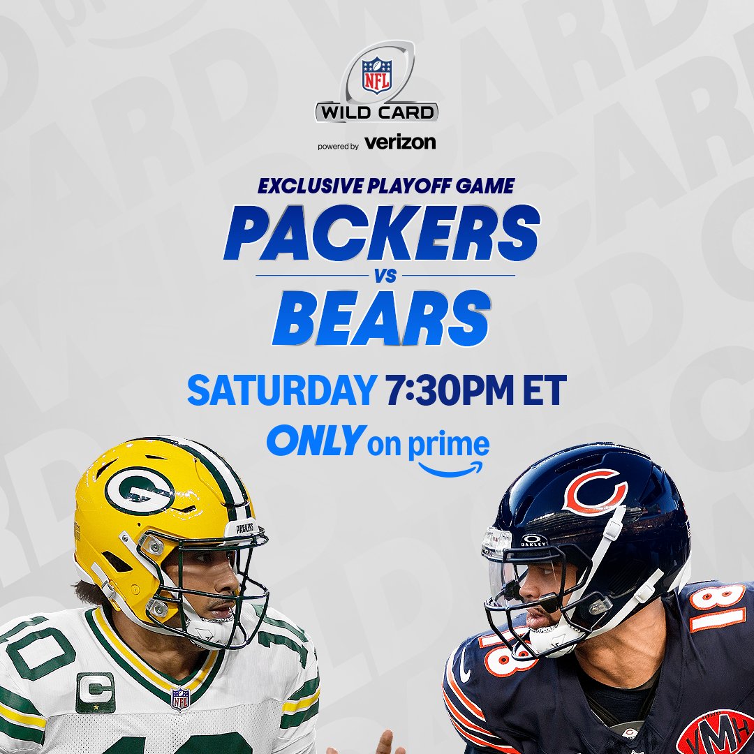 NFLonPrime's tweet image. PACKERS. BEARS. WILD CARD SATURDAY NIGHT ON PRIME.

Watch @PrimeVideo's exclusive Wild Card Game Saturday at 7:30pm ET.