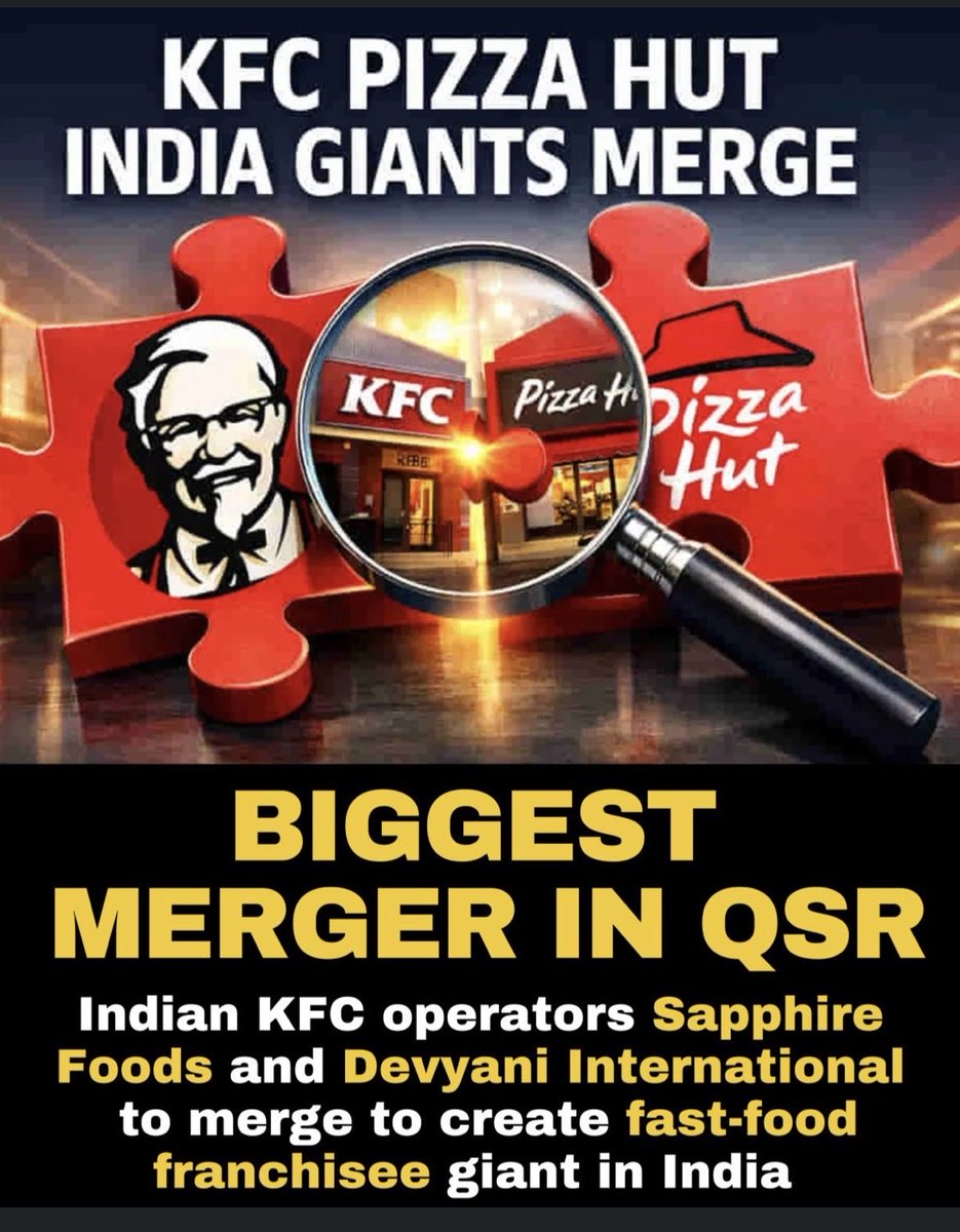 InvestopediaInd's tweet photo. KFC + Pizza Hut 
Not on a menu,possibly on a balance sheet.

Sapphire Foods and Devyani International may merge to form India’s biggest QSR platform.

Scale,Margins,Market power,
India’s consumption story just got serious.

#QSR #Mergers #IndianStocks #BusinessNews #Investing https://t.co/E2t0PF43LR