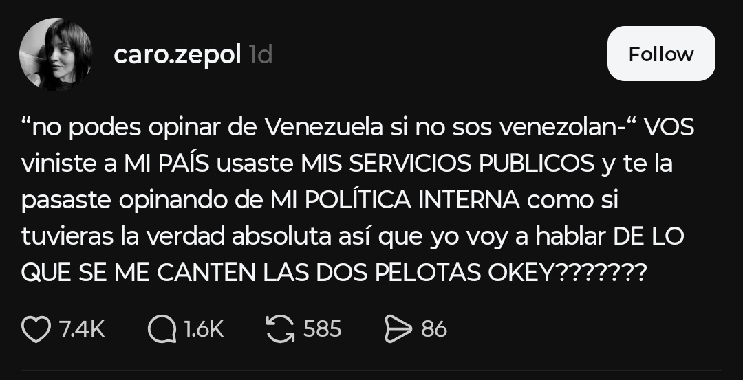 Lo voy a explicar lo más sencillo de la forma más simple:

- Yo vivo hace años en argentina = trabajo y pago impuestos en argentina = Soy ciudadana --> La política y decisiones me afectan también por lo cual al igual que cualquier ciudadano, tengo derecho a opinar.

- Tu no vives