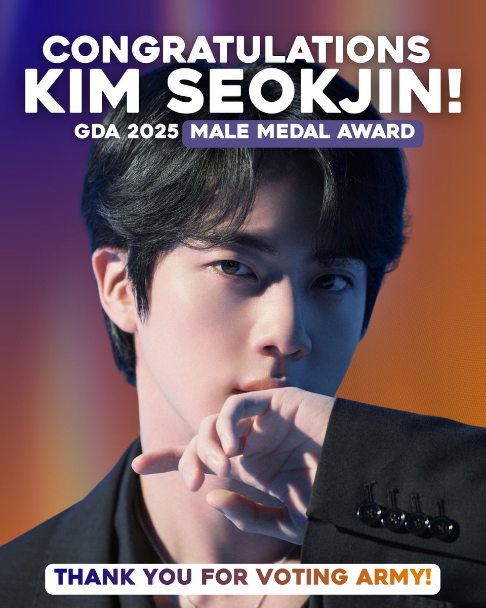 btsvotingunite's tweet image. Kim SeokJin finished 1st place with  44.45% votes in the Male Popularity Award at the 2025 Golden Disc Awards.🥇

Thank you, ARMY, for voting all the way through. Truly well deserved!