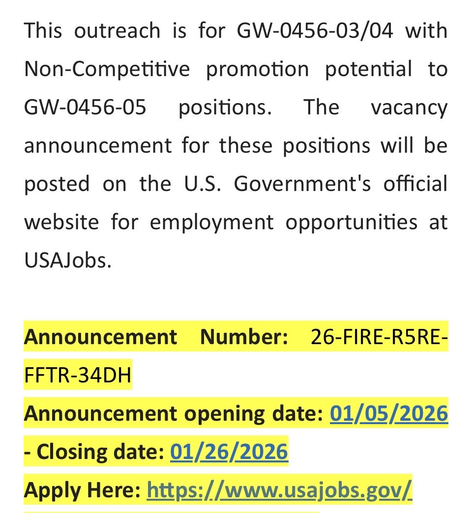 firechiefanf's tweet photo. The Angeles National Forest is hiring firefighters! 

Vacancy announcement 📣 opens tomorrow 1/5/2026

For positions on the Angeles National Forest- Apply to Arcadia, San Fernando, Glendora, Acton &amp; Lancaster Duty Locations 

https://t.co/GTZ9GO4XPa https://t.co/gCo4FV1en1