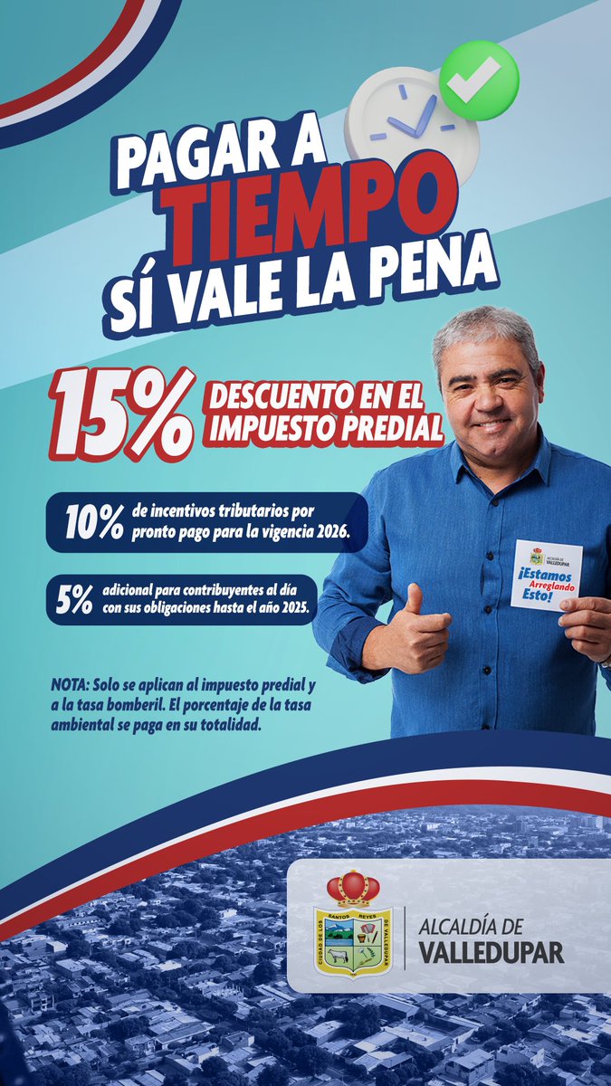 ¡Pagar a tiempo sí vale la pena!

Con tu compromiso y el pago oportuno del impuesto predial, accedes a descuentos tributarios y contribuyes al desarrollo de la ciudad.

Cumplir es arreglar juntos a Valledupar.
👉 hacienda.valledupar.gov.co