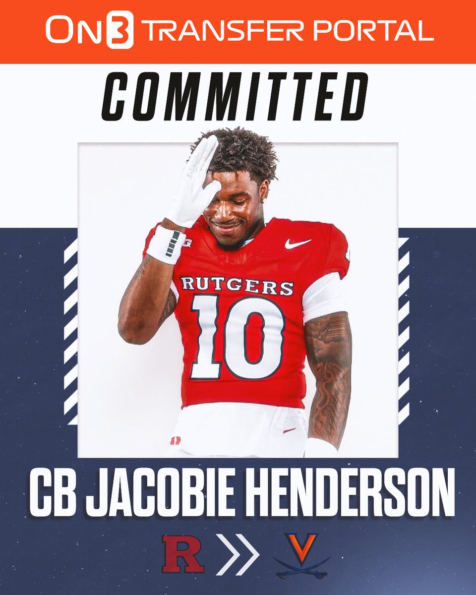 PeteNakos's tweet photo. Rutgers CB Jacobie Henderson has committed to Virginia, a source tells @on3.

The 5-foot-11, 198-pound CB posted 39 tackles and 3 pass deflections in 2025. Former Marshall transfer has 17 career pass deflections and 2 INTs.

https://t.co/wMrfFrdlE6 https://t.co/NLgUiUKFZG