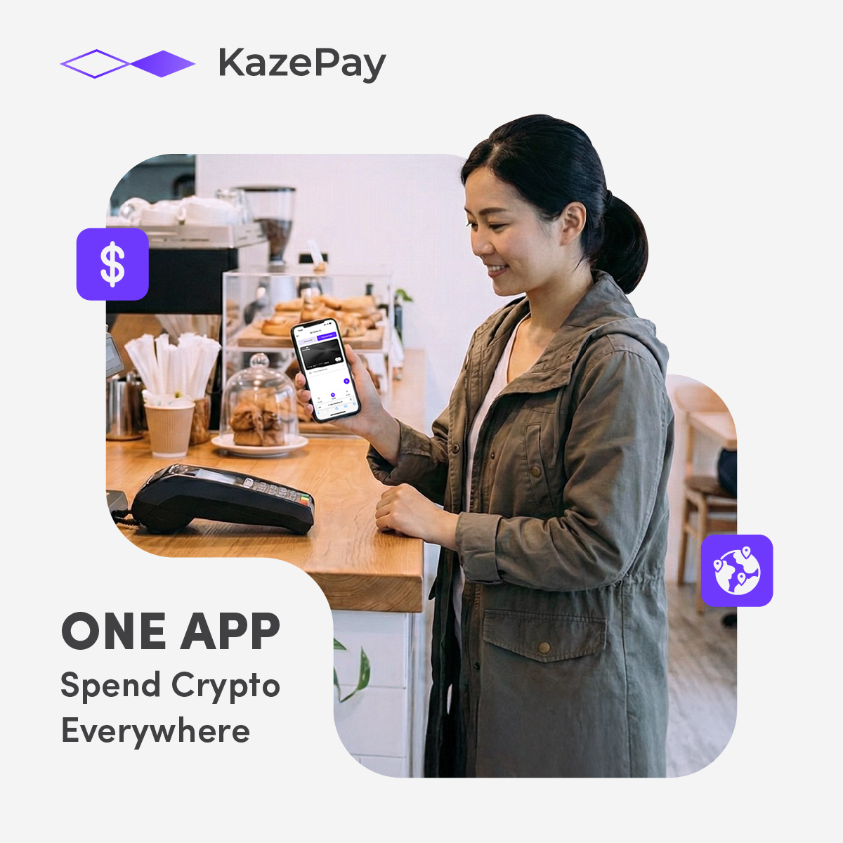 From your daily coffee to everyday essentials — all in one app. KazePay  turns crypto into something you actually use. No learning curve. No extra  steps. Just open the app and pay.