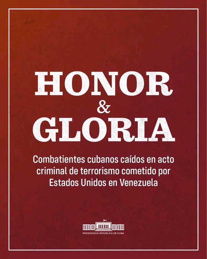 Los oficiales caídos cumplían misiones, a solicitud de órganos homólogos del país hermano, en representación de las Fuerzas Armadas Revolucionarias y el Ministerio del Interior.
#HonorYGloria 
#CubaHonra
#SanctiSpíritusEnMarcha 
<a href="/DeivyPrezMartn1/">Deivy Pérez Martín</a> <a href="/DiazCanelB/">Miguel Díaz-Canel Bermúdez</a> <a href="/DrRobertoMOjeda/">Dr. Roberto Morales Ojeda</a>