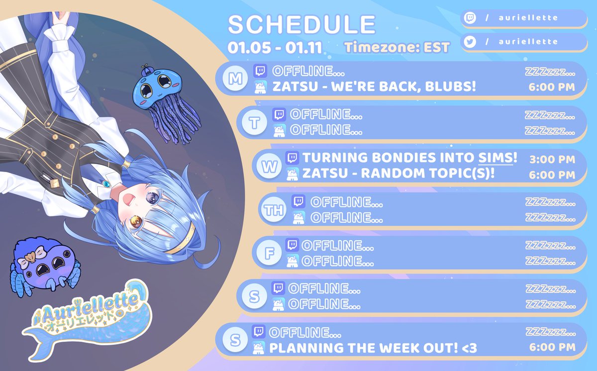 Sorry it's been so long, Blubs! Health has been a WRECK with my new job, but we're gonna slowly come back on my days off, starting with this week's schedule! <3