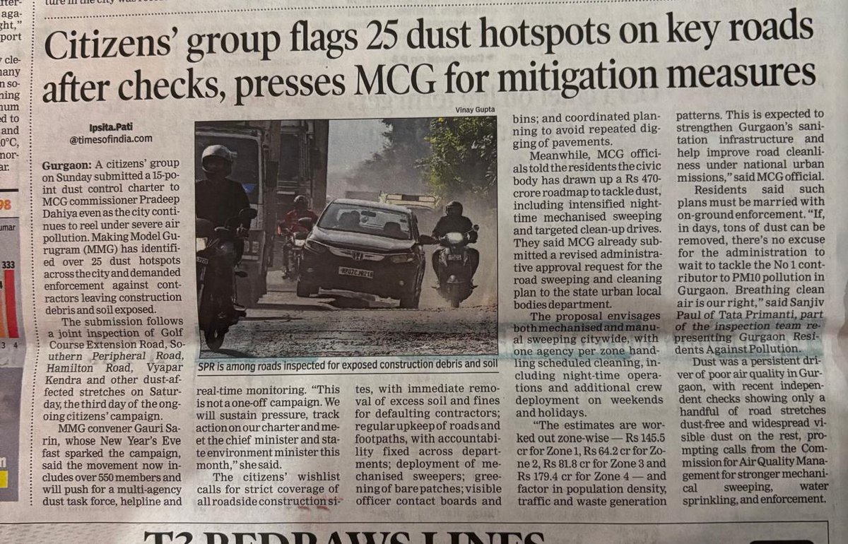<a href="/IpsitaTOI/">Ipsita pati🌳</a> puts the key pts for the movement #GurgaonResidentsAgatPollution 
Sweeping roads is not enough, we need proper dust &amp; Roads mgmt incl fixing of pedestrian walks &amp; regular upkeep. No city in world has such messy roadsides <a href="/OfficialGMDA/">GMDA</a> <a href="/MunCorpGurugram/">MCG</a> <a href="/CAQM_Official/">Commission for Air Quality Management</a>
