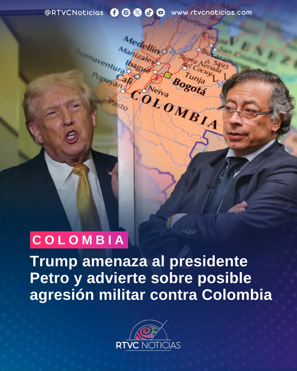 🚨 ATENCIÓN 🚨 Trump amenaza al presidente democráticamente elegido, <a href="/petrogustavo/">Gustavo Petro</a>, y advierte sobre un posible ataque militar contra Colombia.
Un mensaje de intimidación que pone en riesgo la soberanía nacional y revive la doctrina de la fuerza y la violencia por encima de la