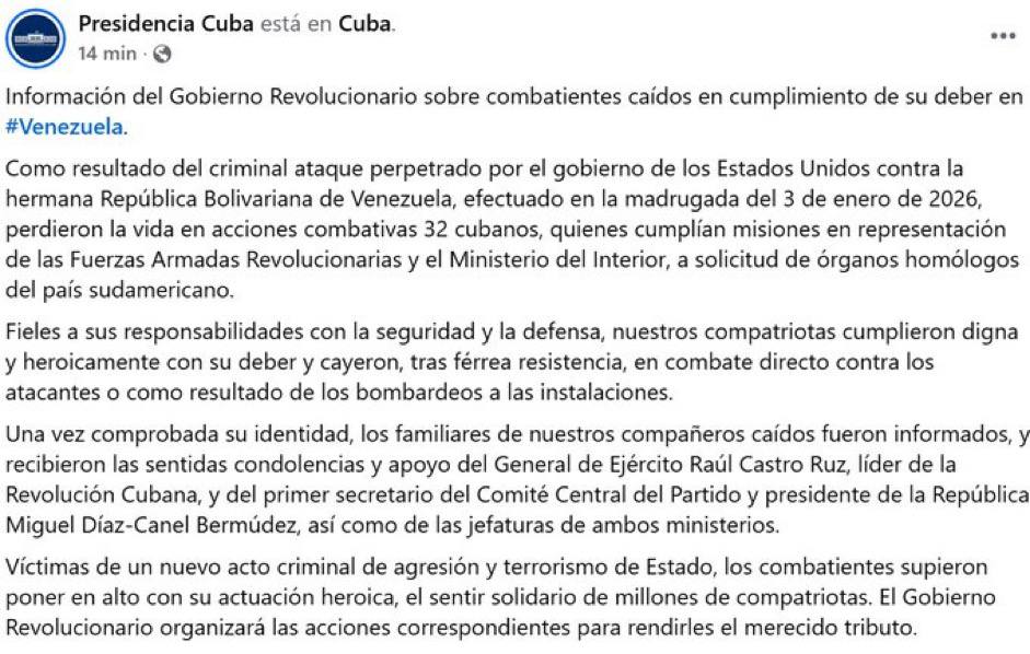 🇨🇺 🇻🇪 | Confirma oficialmente el gobierno de Cuba que 32 combatientes cubanos perdieron la vida en Venezuela durante la operación de captura de Nicolás Maduro llevada a cabo por fuerzas militares de EEUU.
Es muy probable que hayan formado parte del círculo de seguridad de Maduro.