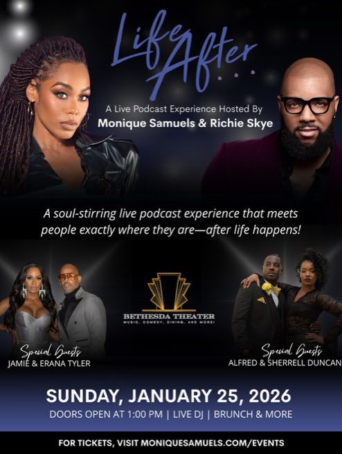 jamietyler_3's tweet photo. ✨ Congratulations to @moniquesamuels on the release of her new book! 📖👏🏽 

🗓  Join us Sunday, January 25th
📍 Bethesda Theater

🎟 Get your tickets now:https://t.co/s73L9bChU2

 #LifeAfterLive #LivePodcast #RHOP #LAMDC #TheTylers https://t.co/icdTQ0jL3N