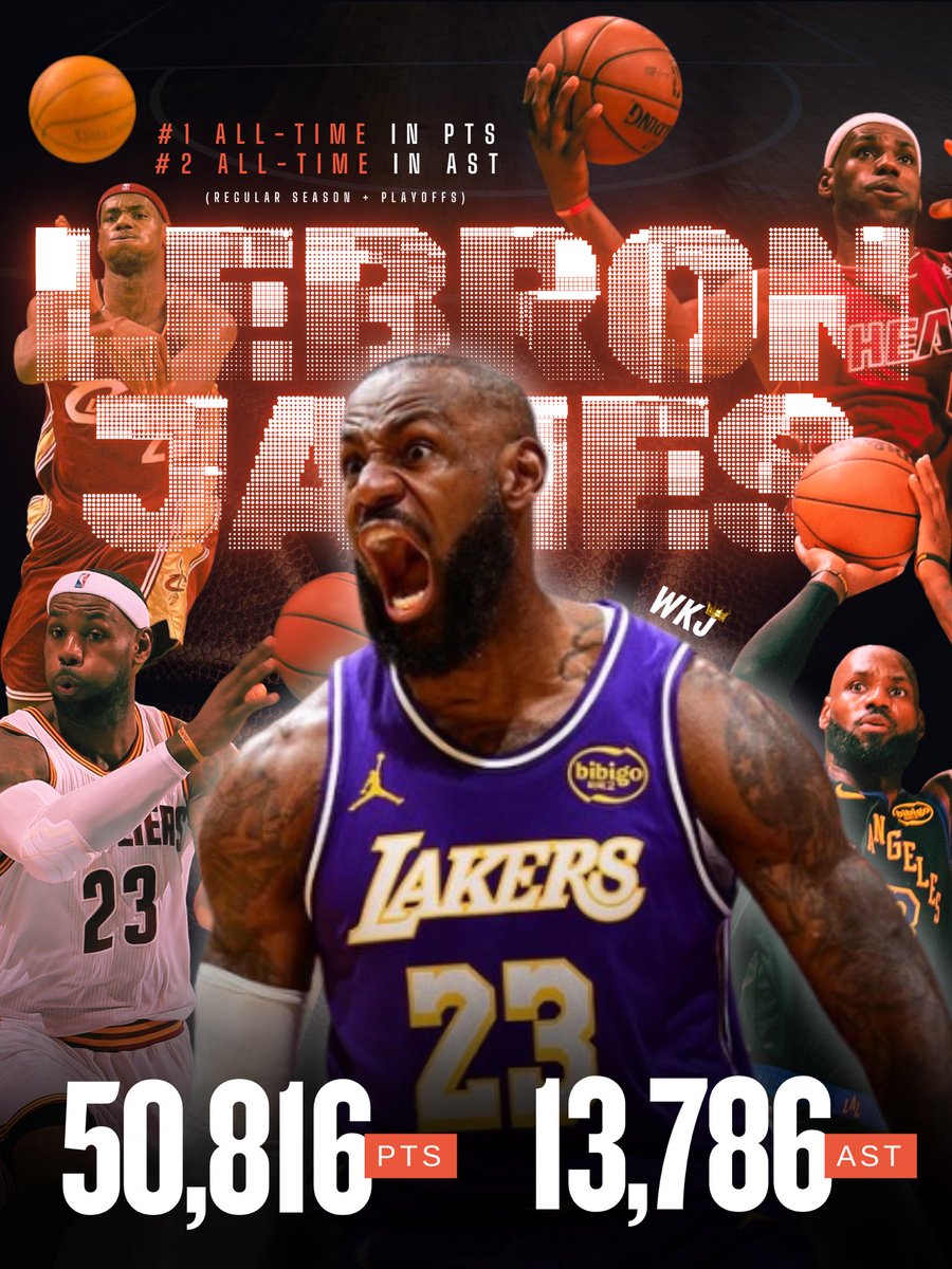 WITNESSKJ's tweet image. LeBron James ALL-TIME NBA ranks
(regular season + playoffs):

👑 1st in PTS
👑 2nd in AST

We’ll NEVER see this again. GOAT. 🐐