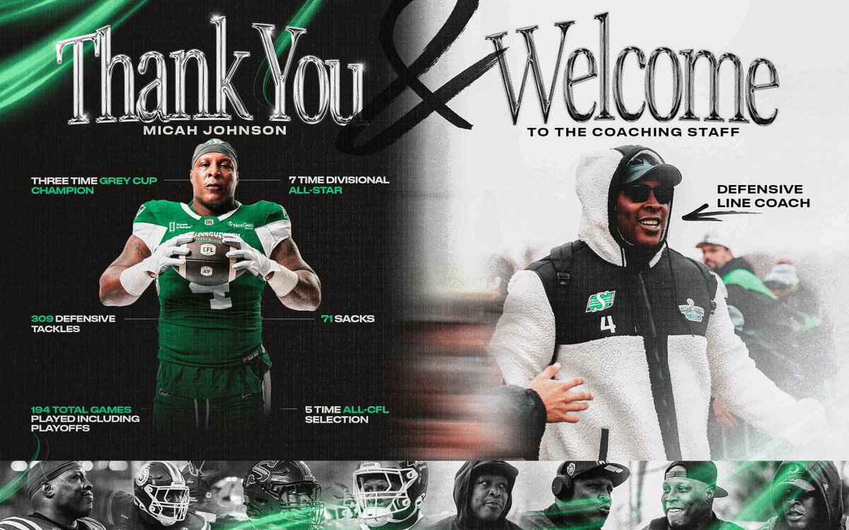 sskroughriders's tweet image. QBs, you can celebrate... only temporarily.

Micah Johnson officially retires and will remain in Green and White as he begins the next chapter as the Club’s Defensive Line Coach. 

📰 bit.ly/3YTgePk