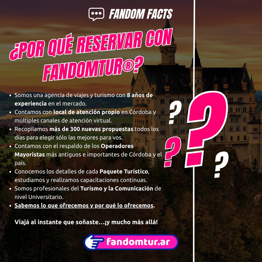 fandomtur's tweet image. ¿Querés saber cómo trabajamos en Fandomtur® y qué tipo de viajes ofrecemos en 2026? ✈️

🌎 Viajes Grupales &amp;amp; Temáticos, Aeroterrestres, Circuitos Fabulosos, Deportes y Espectáculos.

Informate, inspirate y reservá con nosotros 💬 

¡Escribinos! 📲 Fandmomtur.ar