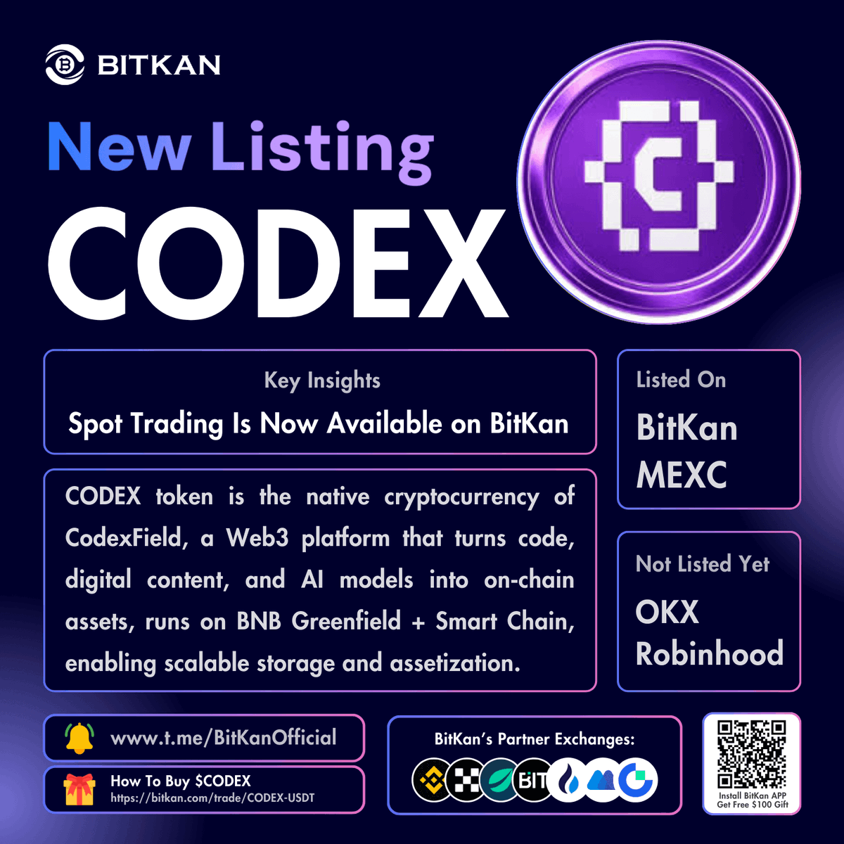 🔥 New Listing: @CodexField #CODEX spot trading pair is now available for  trade on BitKan Crypto Exchange $CODEX Spot Trading Pair:  https://t.co/8olLghmU2D Official #BitKan Announcement  https://t.co/aUnkqCuFUh Free $100 New User Sign-Up Gift: