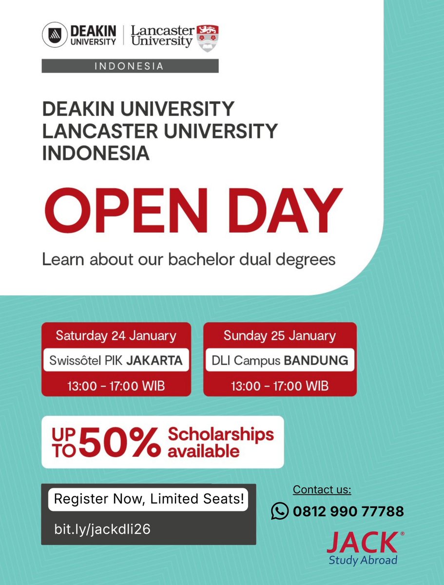 jackstudyindo's tweet photo. Mau Kuliah Dual Degree di Bandung 🎓+ Dapat Beasiswa 🤑?
Bisa di Deakin University Lancaster University Indonesia!
Datang aja ke "DLI Open Day" dan ngobrol langsung sama team kampusnya.

✅ Dual Degree 
✅ Beasiswa sampai 50%

Bet, let's go! Daftar segera, limited seats ✨ https://t.co/zIw7zIPa9V