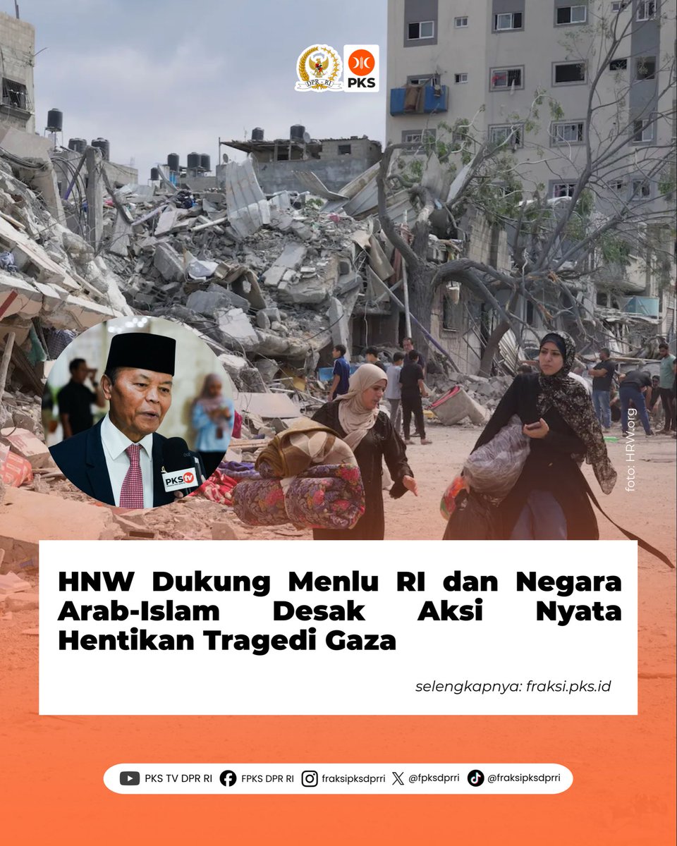 Wakil Ketua Majelis Permusyawaratan Rakyat Republik Indonesia (MPR RI), Hidayat Nur Wahid, mendukung penuh sikap Menteri Luar Negeri RI bersama tujuh menteri luar negeri negara Arab-Islam yang secara tegas menyerukan agar tragedi kemanusiaan di Gaza segera diakhiri melalui