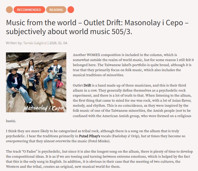 Great news! Hungarian media outlet
<a href="/ekultura_hu/">ekultura.hu</a> has just published a review of Outlet Drift’s Masonolay i Cepo. The article highlights the band’s fusion of #rock and #folk elements and offers an in-depth analysis of the album’s compositional approach. #Taiwan #indigenous #music