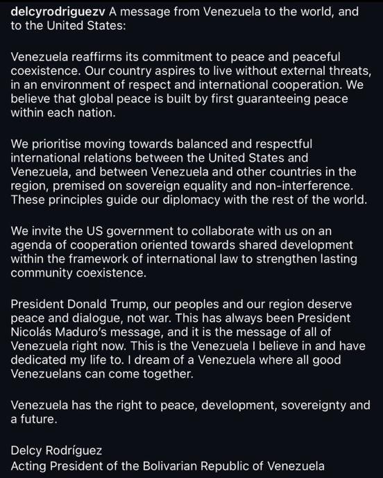 Rajpal_BJP's tweet photo. The Acting President of the Venezuelan regime Delcy Rodriguez just posted this picture and the message:
“We invite the U.S. government to work jointly on a cooperation agenda” #Venezuela #BitterTruthOfWorld #MightIsRight https://t.co/m9K5yXH7LR