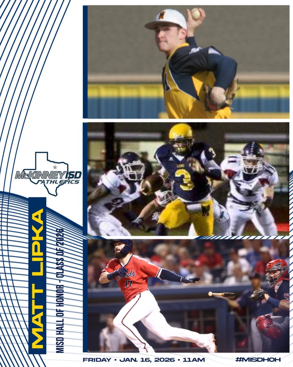 McKISDAth's tweet image. Introducing McKinney ISD Hall of Honor Class of 2026 Modern Era Inductee, Matt Lipka. #MISDHOH 

Lipka earned All State honors in both football &amp;amp; baseball. He bypassed an offer to play college football at Alabama &amp;amp; enjoyed a 10-year career in pro baseball.

@mckinneyisd