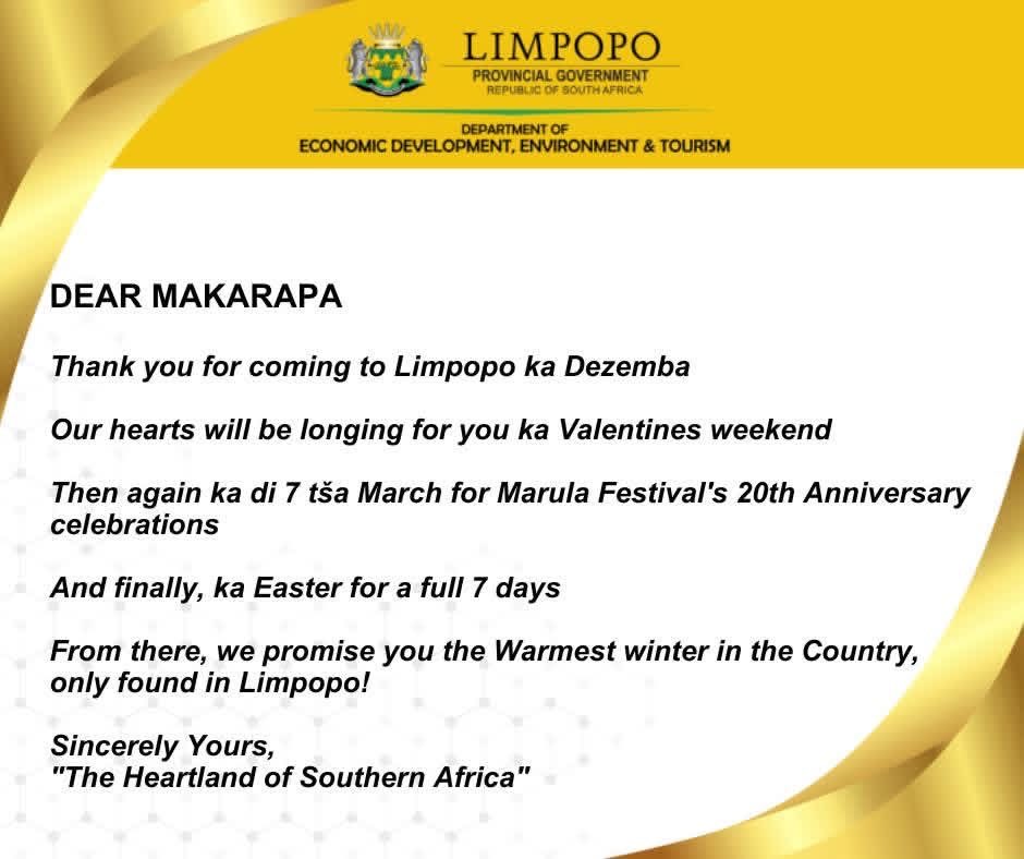PhophiRamathuba's tweet photo. Thank you Makarapa, “Limpopo ka Dezemba” was a lit 🔥We did not disappoint. Travel safe. See you March the 7th, at Phalaborwa as we celebrate our unique fruit, Marula,book your accommodation now before its too late 🙏🙏 https://t.co/io9ZH63yAv