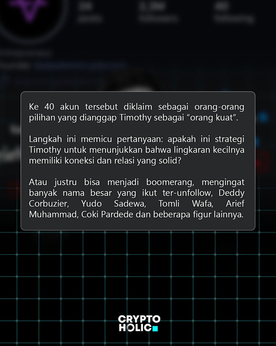cryptoholicidn's tweet image. Minho sih liat banyak nama besar yang ikut ter-unfollow ya deddy corbuzier, Atta Halilintar, yudo sadewa, tomli wafa, arief muhammad, cokipardede dan beberapa sosok besar lainnya.

Dengan meng-unfollow mereka semua,  muncul asumsi dan beragam komentar dari netizen, beberapa…