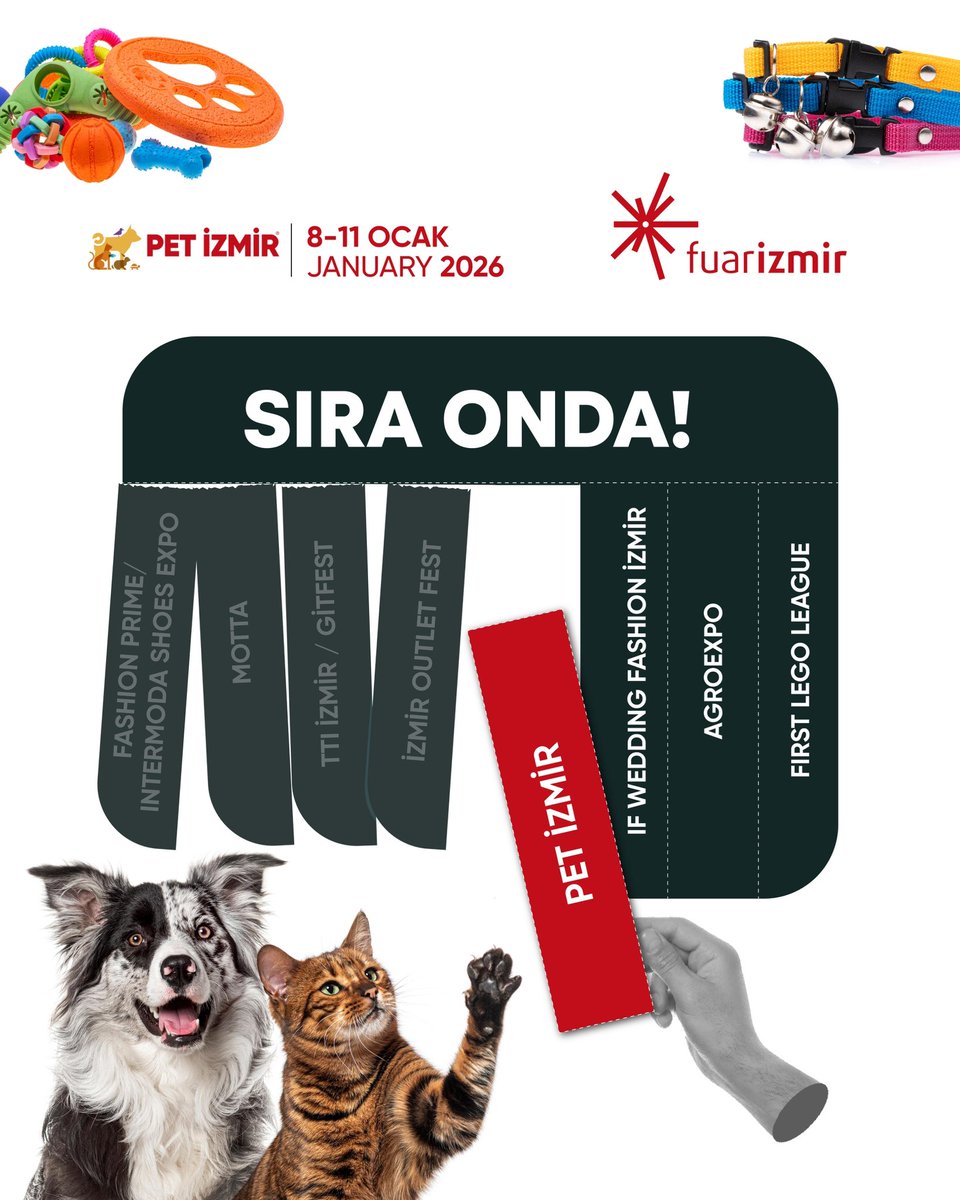 PET İZMİR 9. Uluslararası Evcil Hayvan Ürün, Malzeme ve Aksesuar Tedarikçileri Fuarı’nda evcil hayvanlar için özel aksesuarlar, yenilikçi teknolojiler ve çok daha fazlası sizi bekliyor.

⏰ 10.00–19.00
📍 Fuarizmir B Hol
📌 petizmir.net