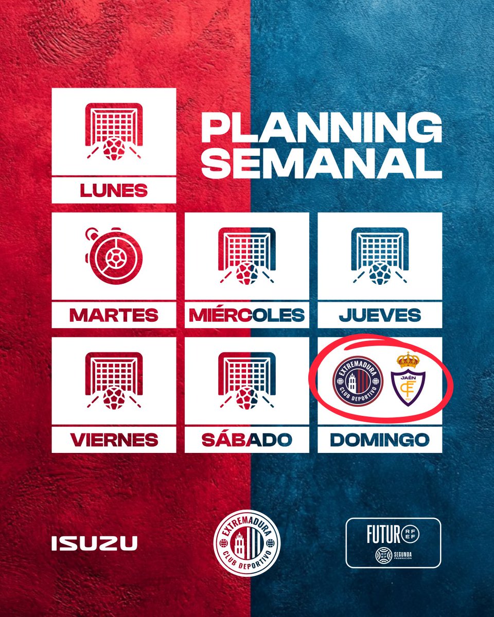 📅 𝐏𝐋𝐀𝐍 𝐒𝐄𝐌𝐀𝐍𝐀𝐋 patrocinado por 𝗜𝗦𝗨𝗭𝗨

💪 Empezamos una nueva semana. 

🎯 #ExtremaduraRealJaén
