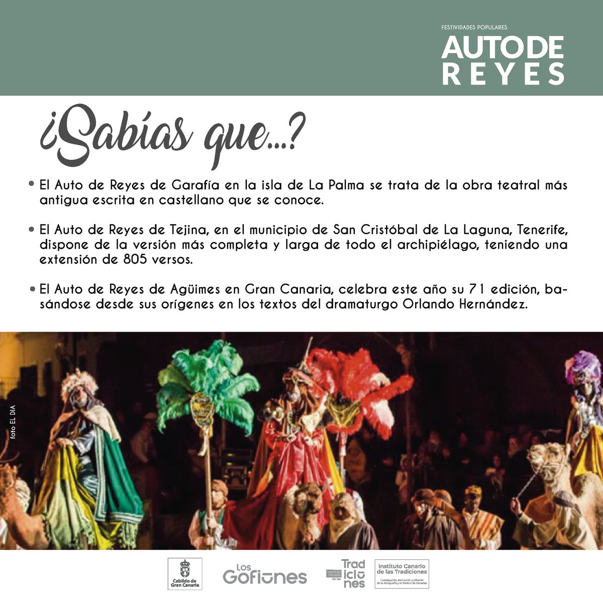 insctradiciones's tweet photo. Los Autos de Reyes en nuestro archipiélago son auténticas joyas del teatro religioso de Canarias. Hoy nos acercaremos a estas obras tan importantes que se pierden en la memoria del tiempo.
#ictradiciones #islascanarias #autodereyes #navidad @LosGofiones @GranCanariaCab https://t.co/fp7LcjK5FU