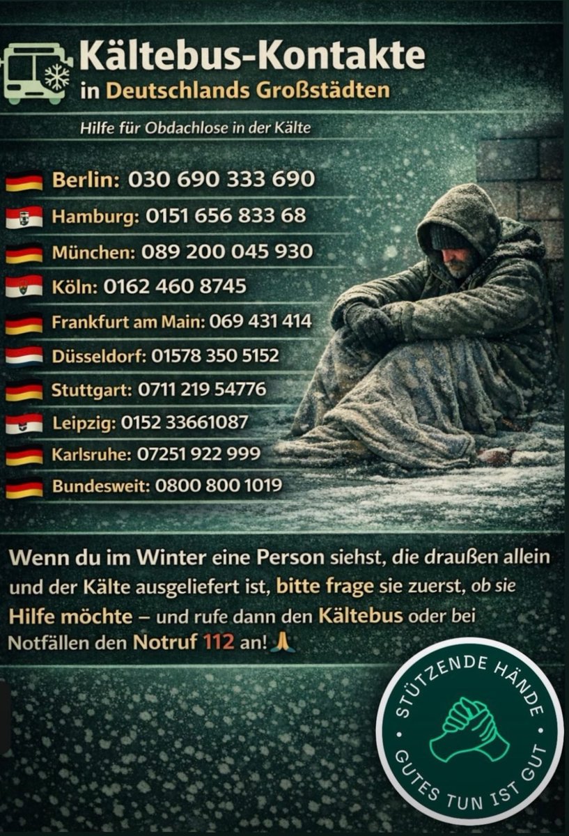 AdlerNews's tweet photo. ⚠️ Kältebus-Kontakte in Deutschland ⤵️

Ausnahmsweise mal kein Fußball, man möge es mir bitte verzeihen. Kann gerne von den @Eintracht-Fans und allen anderen geteilt werden. #SGE 🦅