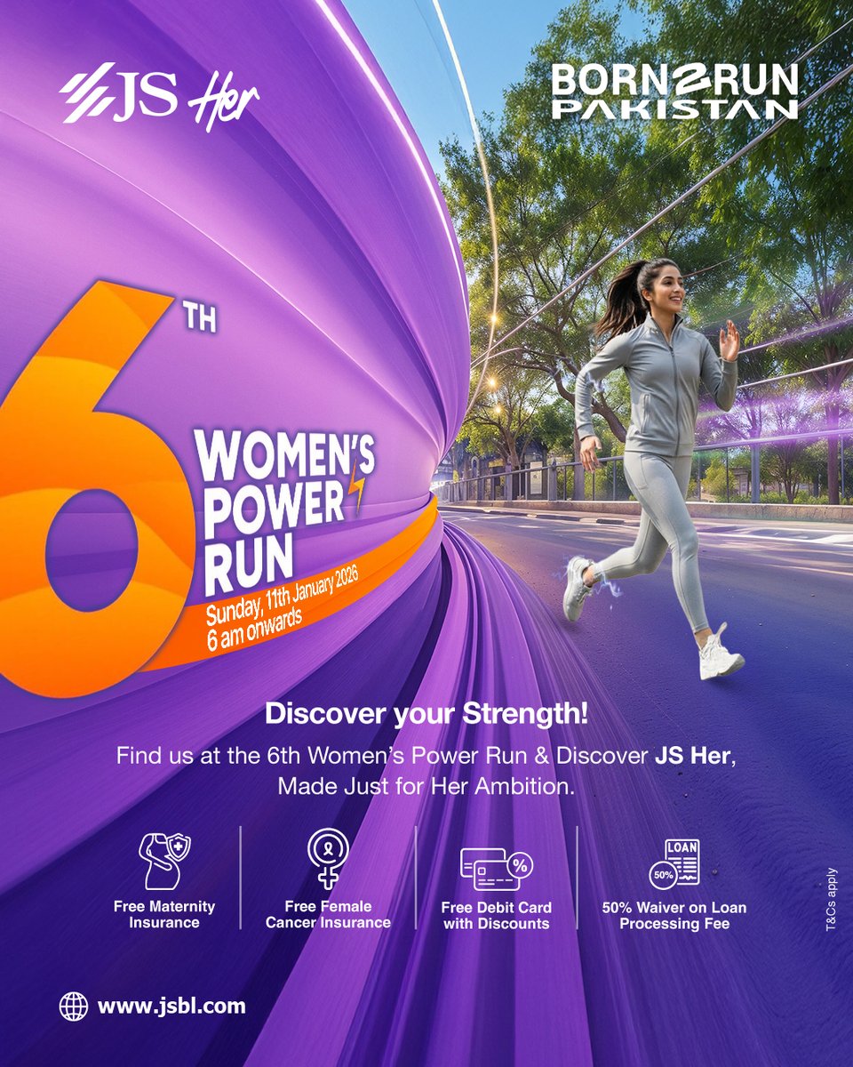 Join us at the 6th Women’s Power Run on 11th January at 6.00 am and discover JS Her, banking designed to support women at every stage of their journey.

Sign up for the run for free: docs.google.com/forms/d/e/1FAI…

#JSBank #BarhnaHaiAagey #JSHer #WomensPowerRun #Born2RunPakistan