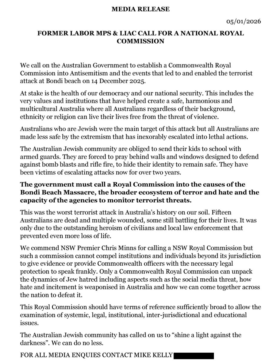 21 former Labor MP's have joined the wave of Australia's calling for a Royal Commission into the Bondi Massacre and antisemitism.

Anthony Albanese, acting like a communist dictator, continues to place his own selfish interests, ahead of Australia's safety, security and unity.