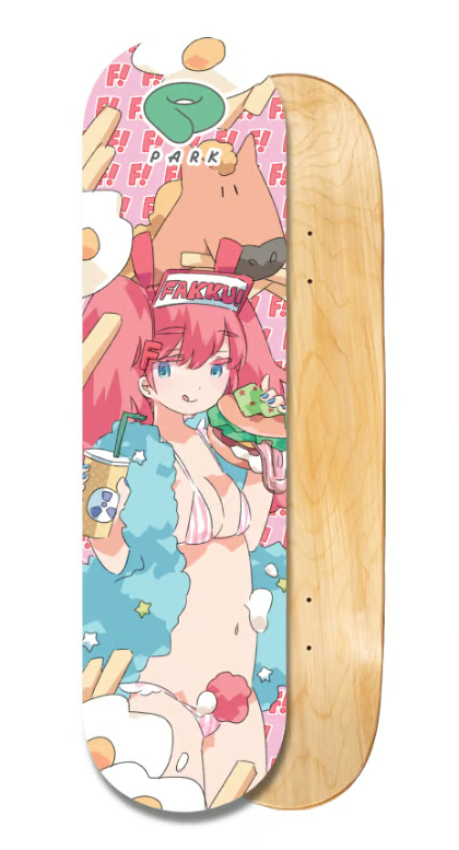 oplant's tweet image. こちらのスケボーはFAKKU!のキャラクター・モモカとジェイコブ（馬）をむぎ絵にて描かせていただいたものです🎠
アメリカならハンバーガーとポテトとビキニ！！！🍔🍟
うまどしの必須アイテム🐴🛹三

壁にかけてストリート味のあるインテリアにも👍️