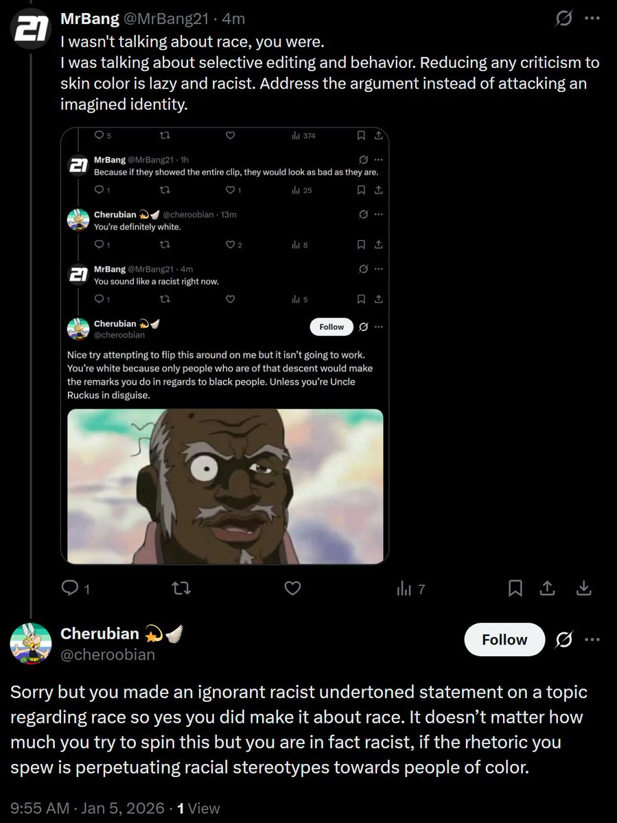 <a href="/cheroobian/">Cherubian 💫🪽</a> <a href="/tristanApart/">Tristan</a> <a href="/SeeRacists/">i Expose Racists & Pedos</a> No, but you understood it as such, which makes this very interesting.
You're the one twisting everything into race instead of admitting selective editing and behavior are the real issues.
You've lost the argument before it even started.