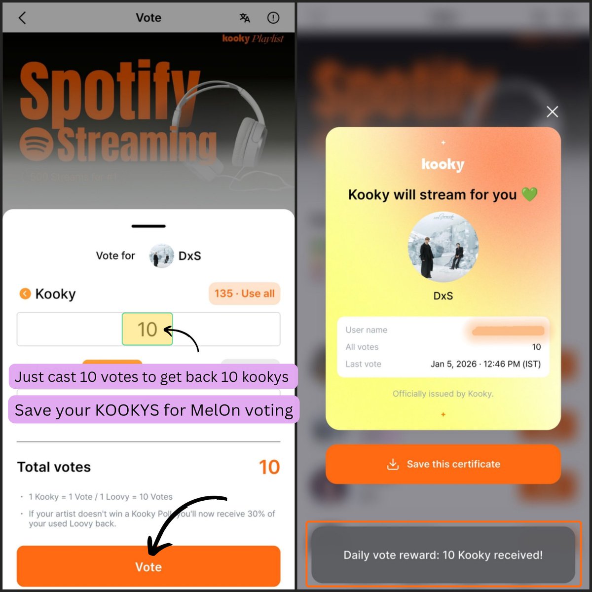 17or_none's tweet image. 📣 CARATs, after casting your votes on the poll, head over to the app and cast 𝑶𝑵𝑳𝒀 𝟭𝟬 𝘃𝗼𝘁𝗲𝘀 for #DxS to 𝗴𝗲𝘁 𝗯𝗮𝗰𝗸 𝟭𝟬 𝗸𝗼𝗼𝗸𝘆𝘀!

🔗 : kookylinkpage.kooky.io/content/polls/…

🚨 𝙎𝙖𝙫𝙚 𝙤𝙩𝙝𝙚𝙧 𝙠𝙤𝙤𝙠𝙮𝙨 𝙛𝙤𝙧 “𝙈𝙚𝙡𝙤𝙣/𝙂𝙚𝙣𝙞𝙚 𝙨𝙩𝙧𝙚𝙖𝙢𝙞𝙣𝙜” 𝙫𝙤𝙩𝙞𝙣𝙜