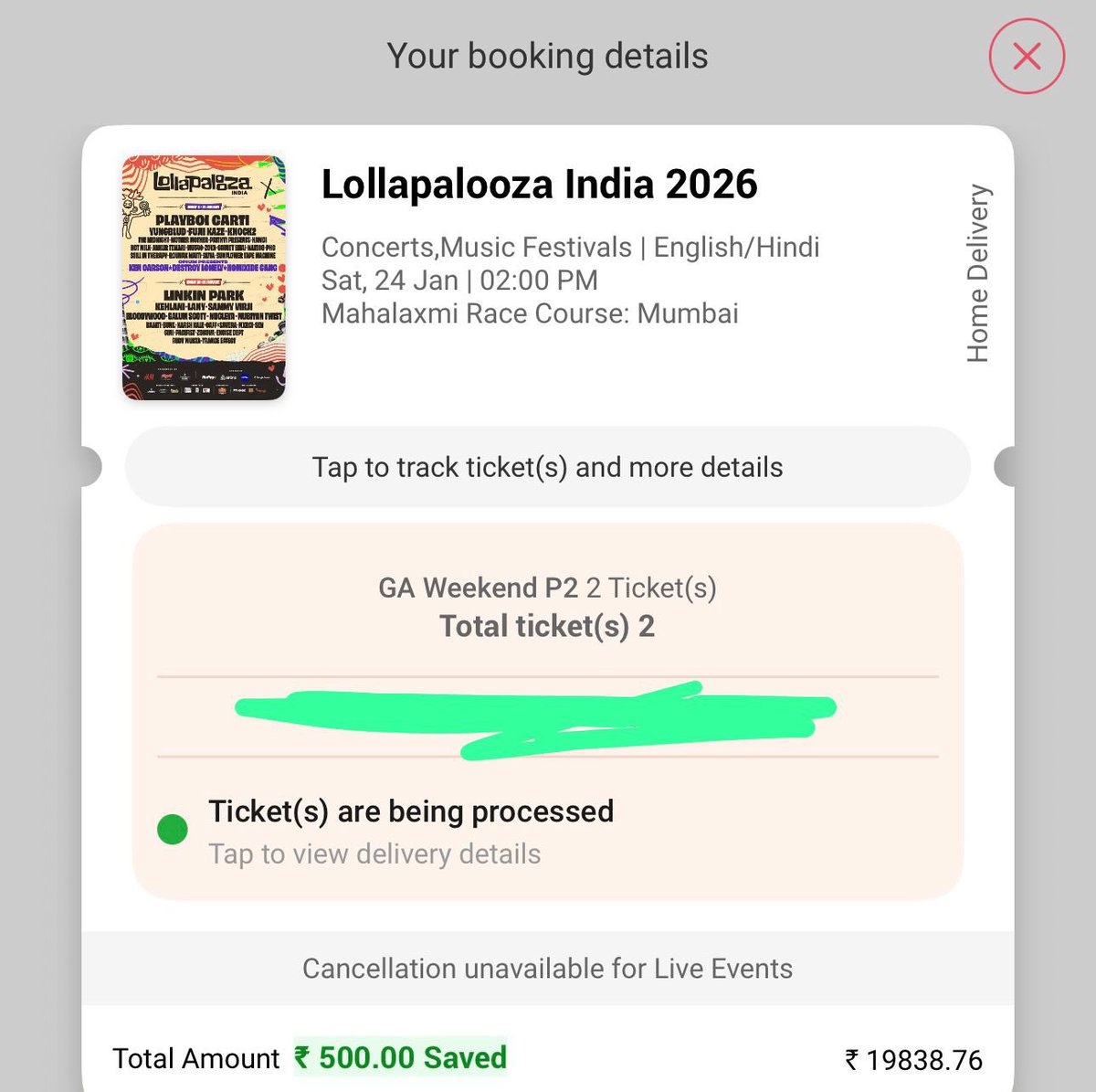Yashwanth2's tweet photo. Hey guys, 

Am selling 2 Lollapalooza tickets. 

1)No of tickets: 2 X GA(P2) 
2)Bought for  - 9.9K  each 
3)Selling price - 6.5K 
4) Proof of Purchase - BMS

Will courier the tickets. 

#Lollapalooza #LinkinParkIndia #Linkinpark #Mumbaigigs #MumbaiConcerts https://t.co/Z7vq0fr0h8