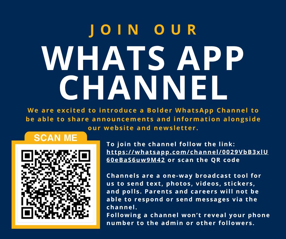 Our WhatsApp Channel keeps you in the loop &mdash; no phone number sharing, no replies, just info when you need it.

Sign up for newsletters, event reminders & urgent alerts:&nbsp; whatsapp.com/channel/0029VbB&hellip; 
 #SafeUpdates&nbsp; #BolderSchool Image