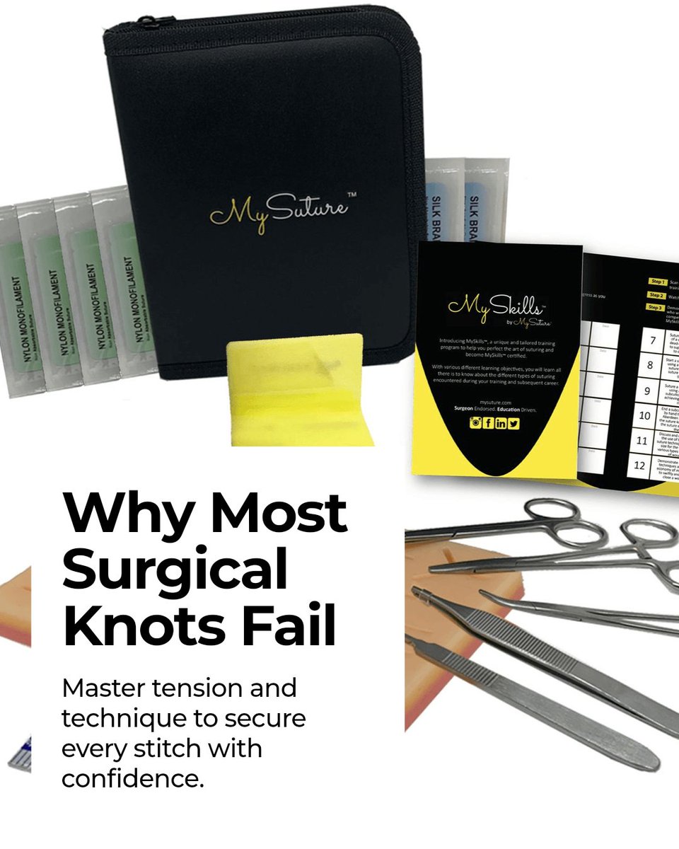 MySuture's tweet image. Master surgical knots like a pro. Keep tension firm but gentle. Practice square knots for secure closure. Build muscle memory with consistent movements. MySuture™ kits help you perfect every knot. Start practising today.